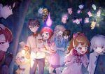  4boys 5girls absurdres ahoge animal_ears bare_arms bare_legs bare_shoulders black_gloves black_hair blonde_hair blunt_bangs blush brown_hair curly_hair daifuku_(precure) denim dress excited fairy gaogaohn ghost glasses gloves grabbing_another&#039;s_arm grey_hair hair_ornament hair_ribbon hair_tie hairpin hand_on_another&#039;s_arm hand_on_another&#039;s_head headpat heart_pin heart_pockets hiding highres hitodama holding holding_stick holding_torch hood hoodie inukai_iroha inukai_komugi jeans jewelry kimodameshi kotochi_re long_skirt long_sleeves mature_female mature_male medium_hair mehmeh_(wonderful_precure!) multiple_boys multiple_girls necklace necktie nekoyashiki_mayu nekoyashiki_yuki nervous nervous_sweating night orange_hair pants parted_bangs peeking ponytail precure rabbit_ears red_hair ribbon scared short_dress short_hair short_sleeves side_ponytail sideways_face sitting_on_branch skirt stick stuffed_animal stuffed_toy suspenders sweat torame_(precure) torch toyama_satoru tree very_short_hair watermark wonderful_precure! zakuro_(precure) 