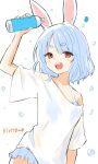  1girl :d animal_ear_fluff animal_ears arm_up bikini bikini_under_clothes blue_bikini blue_hair blush bottle collarbone commentary_request frilled_bikini frills highres holding holding_bottle hololive kiritoma looking_at_viewer off_shoulder rabbit-shaped_pupils rabbit_ears red_eyes see-through_clothes see-through_shirt shirt short_eyebrows short_sleeves signature simple_background smile solo swimsuit symbol-shaped_pupils thick_eyebrows usada_pekora water_bottle water_drop white_background white_shirt 