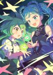 2girls :d animal_ears bare_shoulders black_shirt black_skirt black_thighhighs blue_hair blue_jacket blush braid braided_hair_rings commentary_request cowboy_shot glowing green_hair green_shorts hair_rings hatsune_miku highres jacket kani_2hiki long_hair magical_mirai_(vocaloid) magical_mirai_miku magical_mirai_miku_(2025) multiple_girls neck_ribbon off_shoulder open_clothes open_jacket open_mouth pink_ribbon pleated_skirt ribbon shirt short_sleeves shorts skirt sleeveless sleeveless_shirt smile star_(symbol) suspender_shorts suspenders thighhighs twintails vocaloid voicevox white_shirt zundamon 