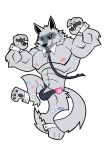 abs absurd_res anthro band-aid bandage biceps bulge canid canine canis cheek_tuft chin_tuft claws clothed clothing collar cuffs_(clothing) death_(puss_in_boots) dreamworks facial_markings facial_tuft finger_claws flat_colors fur furryfurjai fuzzy grey_body grey_fur grin head_markings head_tuft hi_res leash leashed_collar leg_tuft looking_at_viewer male mammal markings mask_(marking) muscular muscular_anthro muscular_male narrowed_eyes neck_tuft nipples pawpads pecs pointy_ears pose prick_ears pupils puss_in_boots_(franchise) raised_arms raised_leg red_eyes simple_background skimpy smile solo speedo sticker swimwear teeth thick_line_art thong tuft underwear white_background white_pupils wolf
