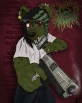 absurd_res anthro benzfur chrome_hearts clothing ear_piercing ear_tag facial_piercing gun hi_res hyena jeb_werner_(benzfur) male mammal nose_piercing piercing ranged_weapon red_eyes scene_haircut shirt skull_symbol solo spotted_hyena tattoo topwear undead weapon white_clothing white_shirt white_topwear zombie