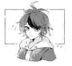 1boy ahoge asako_(pixiv_5702576) commentary cropped_torso dithering greyscale hood hoodie jacket looking_at_viewer male_focus monochrome short_hair smile solo sumino_takumi the_hundred_line_-last_defense_academy- 