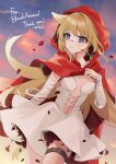  1girl absurdres animal_ears bandaged_arm bandages bandaid bandaid_on_face bandaid_on_nose blonde_hair breasts cape chest_harness commission commissioner_upload crying dress flower harness harochan highres legband long_hair looking_to_the_side medium_breasts non-web_source original parted_lips purple_eyes red_cape red_flower red_petals red_rose rose sad skeb_commission solo sunset white_dress wolf_ears 