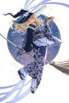  1girl alternate_costume apron blonde_hair blue_kimono bow braid broom cancer_(constellation) canis_minor_(constellation) chinese_commentary closed_eyes columba_(constellation) commentary_request constellation facing_viewer full_body grin grover.y hair_bow hair_over_one_eye hand_up hat hat_bow highres holding holding_broom hydra_(constellation) japanese_clothes kimono kirisame_marisa leo_(constellation) lepus_(constellation) long_sleeves lyra_(constellation) mini-hakkero obi platform_sandals print_kimono sandals sash side_braid single_braid smile socks solo star_(symbol) star_chart star_map star_print tabi touhou waist_apron white_apron white_bow white_socks wide_sleeves witch_hat 