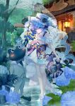  1girl 1other bare_shoulders blue_eyes blue_hair bouquet breasts bridal_veil bride cleavage dress flower frog hat highres holding holding_bouquet holding_umbrella hydrangea komorihikki long_hair medium_breasts original outdoors rain scenery strapless strapless_dress thighhighs transparent transparent_umbrella twintails umbrella veil wedding_dress white_dress white_thighhighs 