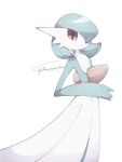  bob_cut colored_skin dress gardevoir green_hair green_skin hair_over_one_eye looking_at_viewer multicolored_skin narumiya_pkmn pink_eyes pokemon pokemon_(creature) signature two-tone_skin white_dress white_skin 