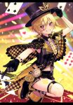  1girl ace_(playing_card) ace_of_hearts arm_up asymmetrical_clothes asymmetrical_legwear black_boots black_cape black_gloves black_hat black_shirt black_skirt black_thighhighs blonde_hair body_markings boots bracelet cape card chain checkered_cape checkered_clothes checkered_necktie checkered_socks club_(shape) coin collared_shirt commentary diamond_(shape) diamond_facial_mark domino_mask eight_of_diamonds_(playing_card) facial_mark five_of_clubs frilled_cape frills gloves gold_chain grin hair_between_eyes hand_on_headwear hat heart highres idolmaster idolmaster_shiny_colors index_finger_raised jewelry kuroda_(kuro_yyy) letterboxed looking_at_viewer mask microskirt midriff monocle navel necktie outstretched_arm pink_eyes platform_boots playing_card playing_card_hat_ornament pocket_watch saijo_juri shirt short_hair single_thighhigh skirt sleeveless sleeveless_shirt smile solo spade_(shape) stage_lights standing standing_on_one_leg star_(symbol) striped_clothes striped_shirt tailcoat thigh_strap thighhighs thighs top_hat two_of_spades vertical-striped_clothes vertical-striped_shirt watch wing_collar yellow_cape yellow_necktie 