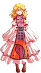  1girl alphes_(style) blonde_hair blush boots bow breasts brown_boots commentary_request dairi dress flame_print full_body hair_bow large_variant_set long_sleeves looking_at_viewer medium_breasts multiple_hair_bows open_mouth parody purple_tabard red_bow sleeves_past_wrists solo style_parody tabard tachi-e touhou transparent_background variant_set white_dress white_sleeves wide_sleeves yakumo_yukari yellow_eyes yin_yang 