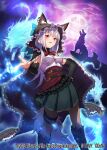  1girl aura black_boots black_cape black_gloves black_hood boots bow bowtie breasts cape copyright_notice duel_masters duel_masters_play&#039;s elbow_gloves frilled_hood frills from_below full_moon gloves gradient_background green_skirt grey_hair highres hood long_hair looking_at_viewer looking_down luca_(duel_masters) medium_breasts miyamoto_satoru moon nail_polish official_art open_mouth pantyhose pink_nails pointing pointing_at_viewer red_bow red_bowtie red_eyes shirt skirt skull sleeveless sleeveless_shirt solo tail teeth thigh_strap upper_teeth_only white_shirt wolf wolf_hood wolf_tail 