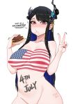  1girl absurdres american_flag asymmetrical_horns black_hair black_nails blue_hair blush body_writing bodypaint breasts burger closed_mouth colored_inner_hair commentary completely_nude eating english_commentary english_text flower flower_knot food food_in_mouth food_on_face fourth_of_july groin hair_ornament hands_up highres hololive hololive_english horn_flower horns large_breasts looking_at_viewer mole mole_under_eye multicolored_hair myth1carts nail_polish navel nerissa_ravencroft nipples nude purple_eyes sidelocks slit_pupils solo straight_hair swept_bangs tassel tassel_hair_ornament uneven_horns v virtual_youtuber 