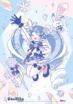  1girl ;3 artist_name blue_eyes blue_gloves blue_hair blue_shoes blush commentary_request copyright_notice crystal crystal_hair_ornament dress fangs full_body gloves hair_ornament hatsune_miku keke_(kotowari) long_hair official_art one_eye_closed rabbit_yukine second-party_source shoes single_thighhigh snowball snowflake_hair_ornament striped_clothes striped_thighhighs thighhighs twintails very_long_hair vocaloid white_thighhighs yuki_miku yuki_miku_(2025) 