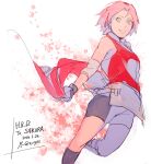  1girl bike_shorts black_gloves black_shorts character_name dated elbow_pads gloves green_eyes grin haruno_sakura highres looking_at_viewer naruto_(series) naruto_shippuuden ninja pink_hair red_shirt shirt short_hair shorts simple_background sleeveless sleeveless_shirt smile solo tareme teeth white_background zifletts 