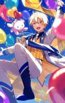  1boy :d arm_up balloon blonde_hair blue_boots boots commentary_request foot_out_of_frame highres jacket kani_2hiki long_sleeves looking_at_viewer male_focus necktie open_clothes open_jacket open_mouth pants project_sekai short_hair smile solo striped_clothes striped_vest teeth tenma_tsukasa upper_teeth_only vest white_jacket white_necktie white_pants yellow_eyes yellow_vest 