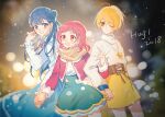  2018 3girls ahoge aqua_skirt beads blonde_hair blue_dress blue_eyes blue_hair blunt_bangs blurry blurry_background bow bowtie breath brown_corset brown_ribbon brown_scarf buttons closed_mouth collared_shirt copyright_name corset cowboy_shot dot_nose dress eyes_visible_through_hair flower_button frilled_skirt frills hair_beads hair_between_eyes hair_bun hair_ornament hairclip hand_in_own_hair hand_on_another&#039;s_hand happy heke high-waist_skirt high_collar holding_another&#039;s_arm holding_hands hugtto!_precure jacket jewelry kagayaki_homare light_blush light_particles long_hair looking_ahead medium_dress medium_hair miniskirt multiple_girls necklace night nono_hana one_eye_closed open_clothes open_jacket open_mouth outdoors pencil_skirt pinafore_dress pink_bow pink_bowtie pink_eyes pink_hair pink_jacket pleated_dress precure ribbon scarf shirt short_hair sidelocks single_side_bun skirt sleeve_bow sleeve_cuffs sleeveless sleeveless_dress smile snowing standing star_(symbol) star_necklace sweater tareme turtleneck turtleneck_sweater vignetting waist_ribbon wavy_hair white_shirt white_sleeve_cuffs white_sweater winter winter_clothes x_hair_ornament yakushiji_saaya yellow_eyes yellow_skirt 