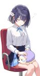  1girl blue_hair blue_overskirt blue_ribbon blue_skirt blunt_bangs breasts button_gap chair cleavage closed_eyes commentary_request flower gakuen_idolmaster hair_flower hair_ornament hataya_misuzu highres idolmaster kitano_yukito long_sleeves medium_breasts neck_ribbon on_chair open_mouth partially_unbuttoned pleated_skirt ribbon shirt short_hair simple_background sitting skirt sleeping solo stuffed_animal stuffed_hedgehog stuffed_toy white_background white_flower white_shirt 