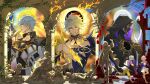  1girl 4boys absurdres aglaea_(honkai:_star_rail) alternate_form anaxa_(honkai:_star_rail) antenna_hair architecture armor black_choker black_cloak black_gloves black_shirt blonde_hair blue_cape blue_eyes cape castorice_(honkai:_star_rail) choker cipher_(honkai:_star_rail) clawed_gauntlets cloak coat commentary cracked_skin cyrene_(honkai:_star_rail) dress english_commentary fingerless_gloves flame_reaver_of_the_deepest_dark gloves greco-roman_architecture hair_between_eyes hair_ornament halo halo_behind_head highres holding holding_sword holding_weapon honkai:_star_rail honkai_(series) hood hood_up hooded_cloak hyacine_(honkai:_star_rail) mask material_growth multiple_boys mydei_(honkai:_star_rail) neck_tattoo ngkhyn pauldrons phainon_(honkai:_star_rail) pink_hair purple_coat shirt short_hair shoulder_armor single_pauldron sun_symbol sun_tattoo sword tattoo torn_clothes torn_shirt tribbie_(honkai:_star_rail) weapon white_coat white_dress white_hair yellow_blood yellow_eyes 