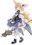  1girl absurdres animal_ears arknights bare_shoulders black_gloves black_shoes blonde_hair blue_dress blue_hairband braid braided_hair_rings dress earpiece fox_ears fox_girl fox_tail frilled_dress frills full_body gloves green_eyes hair_rings hairband highres holding holding_staff infection_monitor_(arknights) kitsune kyuubi looking_at_viewer material_growth multiple_tails open_mouth oripathy_lesion_(arknights) pantyhose shoes short_hair simple_background single_glove solo staff standing suzuran_(arknights) tachi-e tail twin_braids welt_(kinsei_koutenkyoku) white_background white_pantyhose 