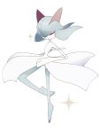  closed_eyes colored_skin green_hair green_skin hair_over_one_eye horns kirlia multicolored_skin narumiya_pkmn pokemon pokemon_(creature) sidelocks signature simple_background smile sparkle two-tone_skin white_background white_skin 