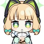  1girl animal_ear_headphones animal_ears animated animated_gif aqua_jacket blinking blonde_hair blue_archive blunt_bangs blunt_ends blush_stickers bow bright_pupils cat_ear_headphones cat_ears chunye_haruya commission cup disembodied_hand disposable_cup dot_nose drinking drinking_straw drinking_straw_in_mouth fake_animal_ears gloves green_bow green_eyes green_gloves green_halo hair_bow halo headphones holding holding_cup jacket looking_at_viewer low-tied_sidelocks lowres midori_(blue_archive) midori_(winter)_(blue_archive) milk_tea missing_commentary multicolored_jacket official_alternate_costume scarf second-party_source short_hair sidelocks simple_background solo text_print transparent_background upper_body white_jacket white_pupils white_scarf winter_clothes 