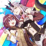  :d ahoge breasts brown_hair brown_lips color-les commentary couple dragon_girl dragon_horns dragon_tail english_commentary fingernails flag hand_on_another&#039;s_hip heart heart_hands height_difference highres holding holding_flag horns large_breasts lesbian_flag lgbt_pride lips long_hair mage_and_demon_queen malori_crowett monster_girl navel off_shoulder official_art pointy_ears purple_eyes red_nails sharp_fingernails short_hair small_breasts smile tail teeth upper_teeth_only velverosa yellow_eyes yuri 