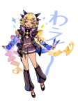  1girl absurdres aged_down armlet belt black_shirt black_shorts blonde_hair body_markings braid braided_twintails closed_eyes clothing_cutout commentary_request dark-skinned_female dark_skin detached_sleeves dragon_girl dragon_horns dragon_tail earrings facial_mark fate/grand_order fate_(series) full_body hair_ornament hairclip highres horns jewelry lace-trimmed_shorts lace_trim leg_warmers long_hair open_mouth shirt shorts smile solo sugomori_tsuru_(hana_tsuru_wo) tail vritra_(fate) 