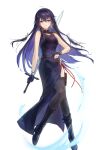  1girl absurdres ahoge andoff arm_at_side bare_arms bare_shoulders black_boots black_gloves black_thighhighs blue_hair boots chinese_commentary closed_mouth commentary_request dress earrings floating_hair full_body garter_straps gloves hair_between_eyes highres holding holding_behind_back holding_sword holding_sword_behind_back holding_weapon holding_weapon_behind_back jewelry knee_boots light_smile long_hair looking_at_viewer partially_fingerless_gloves pouch purple_dress purple_eyes purple_hair side_slit simple_background single_earring sleeveless sleeveless_dress solo sword thigh_pouch thighhighs tinasha_(unnamed_memory) unnamed_memory weapon white_background 