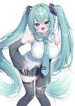  1girl aqua_eyes aqua_hair aqua_necktie arm_tattoo bare_shoulders bent_over black_skirt black_thighhighs blush breasts detached_sleeves hatsune_miku highres large_breasts long_hair looking_at_viewer metaljelly necktie number_tattoo open_mouth shirt simple_background skirt smile solo tattoo thighhighs twintails vocaloid white_shirt 