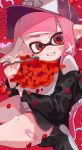  1girl bandaid bandaid_on_cheek bandaid_on_ear bandaid_on_face bandaid_on_leg baseball_cap black_shoes black_shorts cherry commentary dated dolphin_shorts food food_on_face fork fruit hat highres holding holding_fork inkling inkling_girl inkling_player_character long_hair looking_at_viewer pink_hair pink_hat print_hat red_background red_eyes sabata_saba shoes shorts signature smile solo splatoon_(series) splatoon_3 tentacle_hair thick_eyebrows 