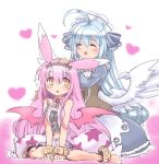  2girls ahoge ajitarou_(setsu) animal_ears bare_shoulders bat_wings black_dress black_ribbon breasts corset dress emil_chronicle_online hair_ribbon large_breasts long_hair maid maid_headdress mitama_kyrie mitama_nanai multiple_girls navel pink_hair pink_wings rabbit_ears ribbon sitting wariza white_hair white_wings wings yellow_eyes 