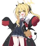  1girl :d absurdres black_horns black_jacket black_tail black_wings blonde_hair blue_archive blush collared_shirt demon_girl demon_horns demon_tail demon_wings dress halo highres horns ibuki_(blue_archive) jacket long_hair long_sleeves looking_at_viewer low_wings momip open_mouth pinafore_dress pointy_ears shirt simple_background sleeveless sleeveless_dress sleeves_past_fingers sleeves_past_wrists smile solo stuffed_animal stuffed_toy tail teddy_bear white_background wings yellow_eyes yellow_halo 