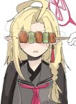  2girls ahoge ayame_(blue_archive) bagaponchi black_shirt blonde_hair blue_archive blush covered_eyes earrings food halo holding holding_skewer jewelry long_hair multiple_girls nagusa_(blue_archive) neckerchief open_mouth pointy_ears red_halo red_neckerchief shirt single_earring skewer solo_focus white_background yakitori 