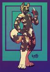  2015 african_wild_dog anthro balls canine claws digital_media_(artwork) fur higsby looking_at_viewer male mammal nude sheath smile solo whipped_cream 