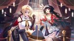  2girls astra_yao bangboo_(zenless_zone_zero) black_gloves black_hair black_pants blonde_hair blunt_sidelocks bound breasts coat coat_on_shoulders dress earrings eous_(zenless_zone_zero) evelyn_chevalier gloves hairband half_gloves high-waist_pants highres jacket jewelry kangg large_breasts long_hair long_sleeves mole mole_under_eye multiple_girls necklace necktie open_mouth orange_scarf pants pearl_necklace purple_eyes red_eyes red_jacket red_shrug ring_hair_ornament scarf shirt short_hair sidelocks single_half_glove string sweatdrop thigh_beads tied_up_(nonsexual) tight_clothes tight_pants white_dress white_hairband white_shirt yellow_necktie zenless_zone_zero 