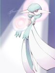  bob_cut colored_skin dress energy_ball gardevoir green_hair green_skin heart multicolored_skin narumiya_pkmn open_mouth pink_eyes pokemon pokemon_(creature) signature smile two-tone_skin white_dress white_skin 