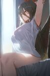  1girl absurdres alternate_costume arms_up black_hair black_wings blue_archive breasts closed_mouth domi_(hongsung0819) feathered_wings hair_between_eyes halo hasumi_(blue_archive) highres holding_own_arm huge_breasts long_bangs long_hair no_pants one_eye_closed red_eyes red_halo shirt sidelocks sitting solo stretching t-shirt white_shirt wings 