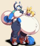 2015 anthro bandai_namco belly big_belly big_breasts blue_body blue_eyes blue_fur blue_highlights boots bottomwear bracelet breasts canid canine canis clothing daisy_(schrocatboy) deonwolf digimon digimon_(species) digital_media_(artwork) domestic_dog female footwear fur hi_res highlights_(coloring) huge_belly huge_breasts husky jewelry mammal navel nordic_sled_dog open_mouth outie_navel pants plushie pregnant renamon rika_nonaka shirt shoes solo spitz thick_thighs topwear white_body white_fur white_highlights