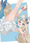  1girl :3 :d ahoge animal_ear_fluff animal_ears armpits bare_arms blonde_hair blue_background blue_eyes blue_hair blue_neckerchief border bow cat_ears commentary dress falling fangs fins fish_girl fish_tail frilled_dress frills hair_bow highres indie_virtual_youtuber koyo2023 legs_up lifebuoy_hair_ornament long_hair looking_at_viewer multicolored_hair neckerchief one_side_up open_mouth outstretched_arm sameko_saba sandals sleeveless sleeveless_dress smile solo square streaked_hair tail tongue very_long_hair virtual_youtuber white_background white_border white_dress 