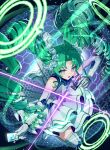  1girl anisakisu aqua_eyes bare_shoulders black_background card dress drill_hair duel_masters duel_masters_play&#039;s energy_barrier energy_ring flower from_above gloves green_eyes green_flower green_hair green_rose hair_flower hair_ornament highres holding holding_card kiriko_(duel_masters) long_hair lower_teeth_only open_mouth rose solo sparkle teeth trading_card twin_drills white_dress white_gloves 
