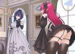  2girls anus apron arched_back black_panties black_thighhighs blue_eyes blue_hair blunt_bangs braid breasts closed_eyes commentary_request curtains dress embroidery garter_straps hair_between_eyes hair_intakes hair_ribbon hairband hat highres holding holding_mop hololive hololive_english horns indoors irys_(hololive) irys_(maid)_(hololive) juliet_sleeves lace-trimmed_skirt lace_trim large_breasts light_blush lolita_hairband long_dress long_hair long_sleeves low_twin_braids lyunree6161 maid maid_apron mob_cap mop multiple_girls official_alternate_costume official_alternate_hairstyle open_mouth ouro_kronii ouro_kronii_(maid) panties pantyshot picture_frame pointy_ears puffy_sleeves puritan_collar red_hair ribbon short_dress skirt smile smug talking thigh_strap thighhighs twin_braids underwear virtual_youtuber white_sleeve_cuffs wide_sleeves window 