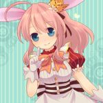  1girl ahoge animal_ears apron black_ribbon blue_eyes crown dress emil_chronicle_online frills gloves hair_ribbon looking_at_viewer lowres minnie_doe_alma pink_dress pink_hair pink_ribbon ponytail rabbit_ears rabbit_girl ribbon white_gloves yellow_(artist) 