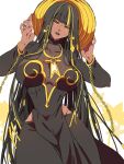  1girl ao_dai black_dress black_hair black_pants breasts chain cleavage cleavage_cutout clothing_cutout cowboy_shot dark-skinned_female dark_skin dress exodia_the_forbidden_one genderswap genderswap_(mtf) highres large_breasts long_hair long_sleeves multicolored_hair pants pelvic_curtain red_eyes see-through_clothes solo streaked_hair very_long_hair white_background yu-gi-oh! yu-gi-oh!_duel_monsters zackpyo 