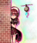  1girl ajitarou_(setsu) automedic_alma blue_eyes brick drone emil_chronicle_online frilled_skirt frills headphones miniskirt peeking_out red_hair skirt smile standing 