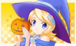  1girl apple_inc. blonde_hair blue_eyes blue_hat breasts brooch cleavage commentary_request halloween hat holding jack-o&#039;-lantern jewelry looking_at_viewer medium_hair number_hair_ornament os-tan os9 personification sato_(esuplusesu) smile solo upper_body witch_hat 