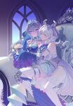  2girls bare_shoulders blue_dress blush breasts demon_girl demon_horns demon_tail demon_wings dress duel_monster food green_eyes highres horns instant_fusion kitkallos_(yu-gi-oh!) large_breasts long_hair lovely_labrynth_of_the_silver_castle multiple_girls multiple_wings pointy_ears popcorn rare_lemon sitting tail tearlaments_kitkallos tiara transparent_wings white_dress white_wings wings yu-gi-oh! yuri 