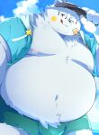 2025 anthro band-aid bandage belly big_belly bottomwear bulge canid canine canis clothed clothing cloud domestic_dog eyewear fur glasses hat headgear headwear hi_res hoodie kemono male mammal moobs navel nipples one_eye_closed open_clothing open_hoodie open_topwear outside overweight overweight_male shorts solo swimwear tongue tongue_out topwear trail_arnak white_body white_fur wink