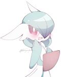  blush bob_cut colored_skin gardevoir green_hair green_skin hair_over_one_eye highres looking_at_viewer multicolored_skin narumiya_pkmn open_mouth pink_eyes pokemon pokemon_(creature) signature simple_background smile two-tone_skin white_background white_skin 
