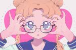  1girl :o animated animated_gif bishoujo_senshi_sailor_moon blinking blonde_hair blue_eyes blue_sailor_collar blush commentary double_bun earrings glasses hair_bun holding holding_removed_eyewear jewelry long_hair long_sleeves looking_at_viewer looping_animation open_mouth portrait sailor_collar sailor_moon school_uniform serafuku shirt solo symbol-only_commentary tsukino_usagi twintails unworn_eyewear vivinos white_shirt 