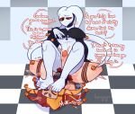  2boys artist_name barefoot bdsm bondage bound checkered_background checkered_floor chess_(hornynym) colored_sclera commentary demon english_commentary erection feet foot_on_another&#039;s_face forced highres hornynym humiliation jester multiple_boys original penis precum red_sclera rope smell smelling smelling_feet sweat trembling twitching_penis yaoi 