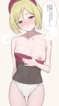  1girl absurdres blonde_hair blue_eyes blush breasts clothes_pull collarbone commentary_request covered_navel fundoshi hairband highres irida_(pokemon) japanese_clothes parted_lips pipi20211026 pokemon pokemon_legends:_arceus pulling_own_clothes red_hairband red_shirt shirt shirt_pull short_hair small_breasts solo speech_bubble standing strapless strapless_shirt thighs translation_request 