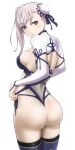  1girl absurdres ass back blue_eyes blue_one-piece_swimsuit blush breasts bun_cover fate/grand_order fate_(series) hair_bun highleg highleg_one-piece_swimsuit highres kugiseiichi large_breasts long_hair looking_at_viewer looking_back miyamoto_musashi_(fate) miyamoto_musashi_(swimsuit_berserker)_(fate) miyamoto_musashi_(swimsuit_berserker)_(third_ascension)_(fate) one-piece_swimsuit open_mouth pink_hair single_side_bun solo swimsuit thighhighs two-tone_swimsuit 